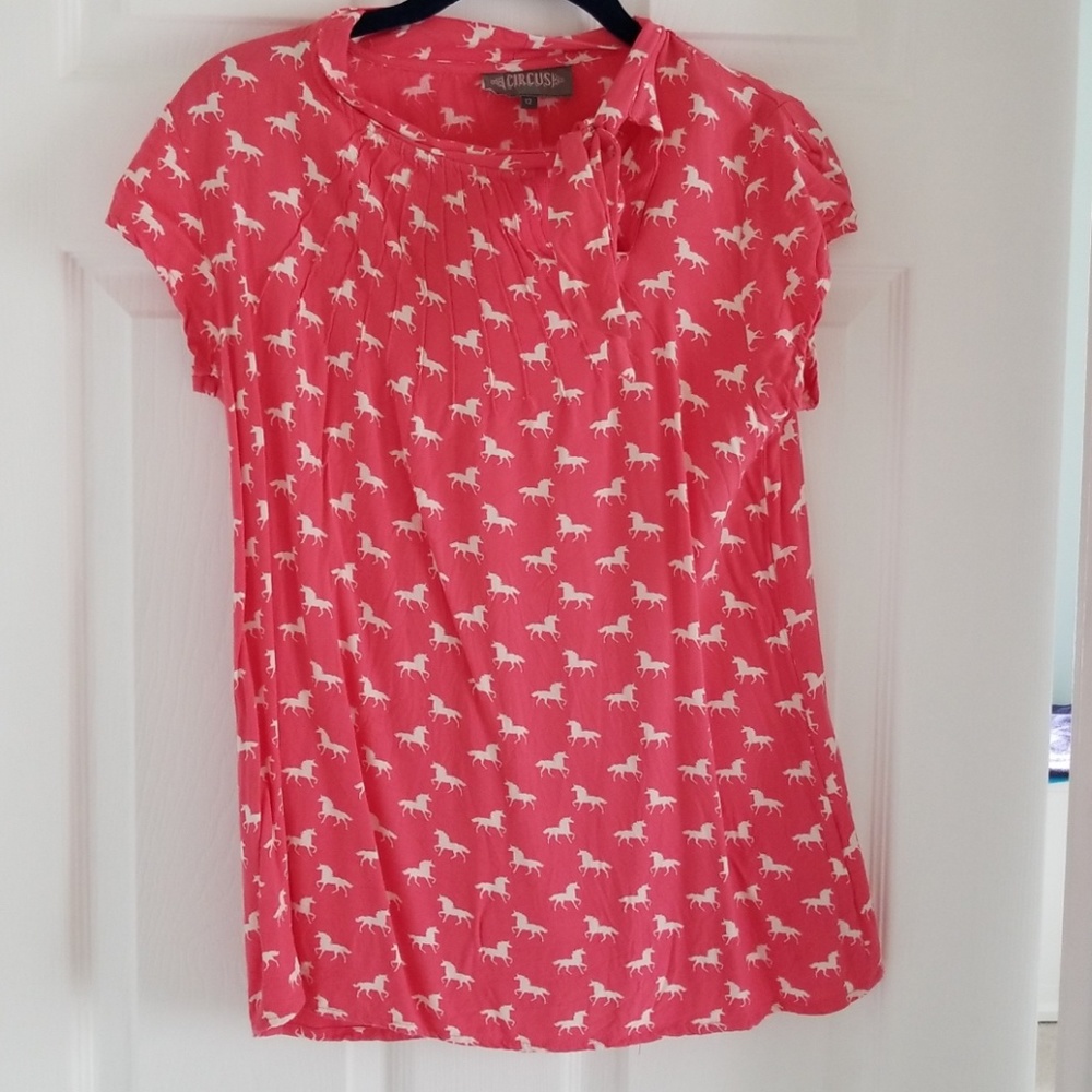 Pink Unicorn Print Bow Neck Top